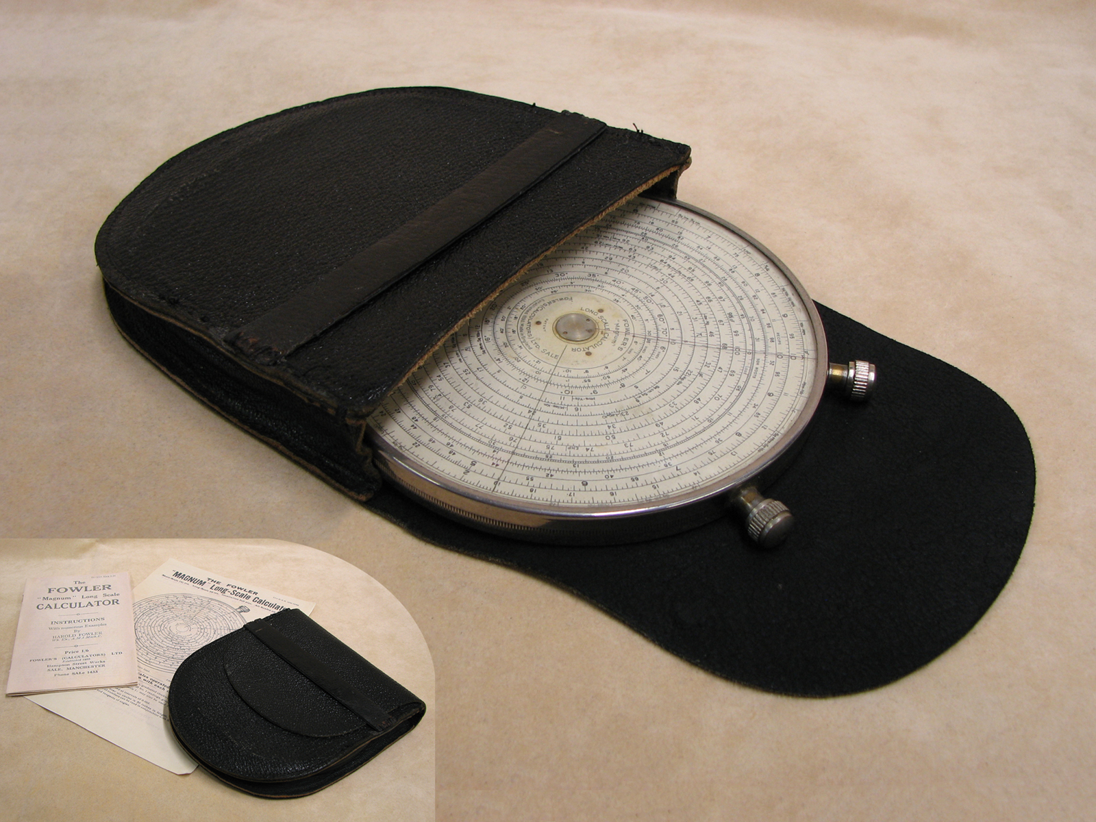 1930's Fowlers Magnum Long Scale calculator in leather case